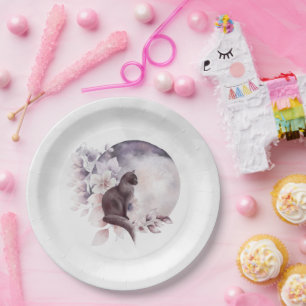 Schwarze Katze durch einen magischen Vollmond Pappteller