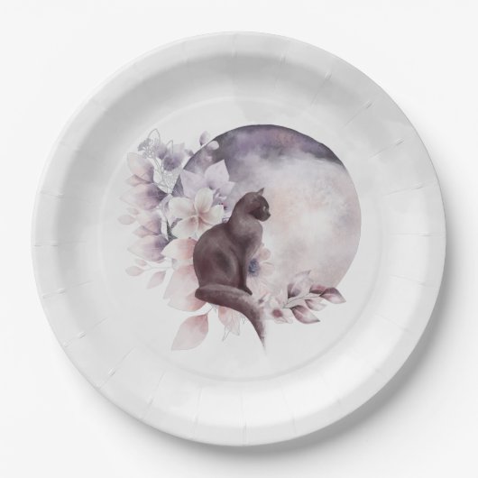 Schwarze Katze durch einen magischen Vollmond Pappteller (Vorderseite)