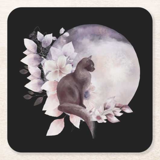 Schwarze Katze durch einen magischen Vollmond Rechteckiger Pappuntersetzer (Vorderseite)