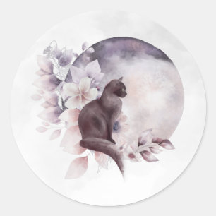 Schwarze Katze durch einen magischen Vollmond Runder Aufkleber