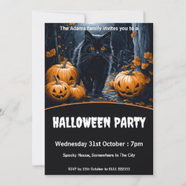 Schwarze Katze durch waldliches Halloween-Party wa Einladung