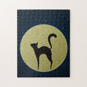 Schwarze Katze Eleganz Silhouette und Mond Puzzle