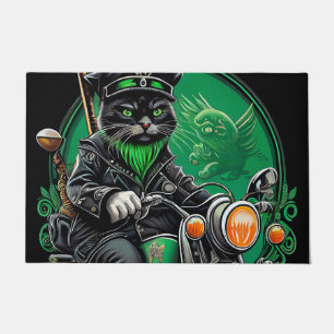 Schwarze Katze fährt Fahrrad am St. Patrick's Day Fußmatte