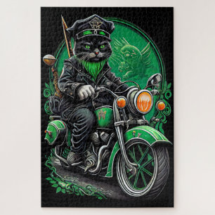 Schwarze Katze fährt Fahrrad am St. Patrick's Day Puzzle