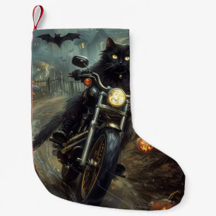 Schwarze Katze fährt Motorrad Halloween Gruselig Kleiner Weihnachtsstrumpf