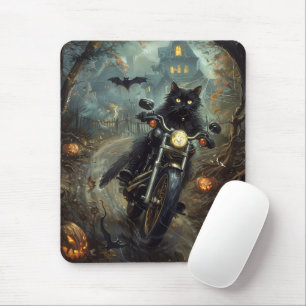 Schwarze Katze fährt Motorrad Halloween Gruselig Mousepad