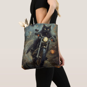 Schwarze Katze fährt Motorrad Halloween Gruselig Tasche