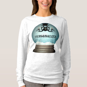Schwarze Katze fällt Kronleuchter Schneekugel blau T-Shirt