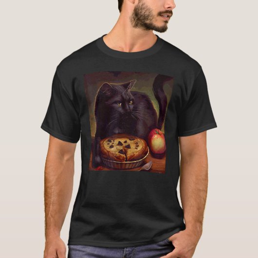 Schwarze Katze Faultier Apfelkuchen T-Shirt (Vorderseite)