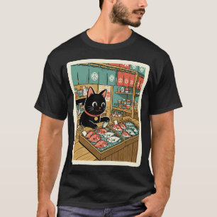 Schwarze Katze Fischmarkt japanische Stil Illustra T-Shirt