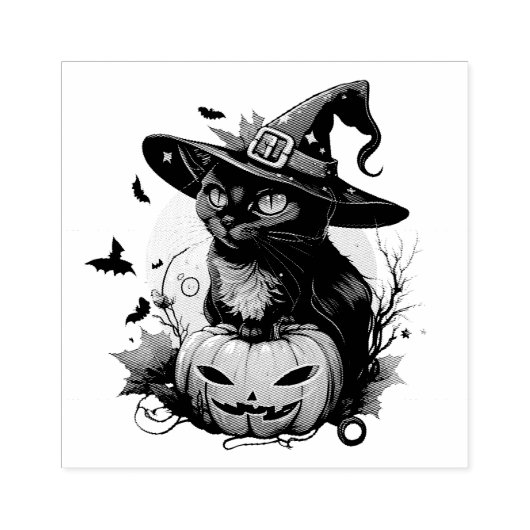 Schwarze Katze, Fledermäuse und Jack-O-Laterne Gummistempel (Prägung)