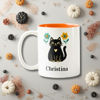 Schwarze Katze Floral Halloween Zweifarbige Tasse