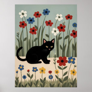 Schwarze Katze Florale Kunst Süße Botanische Wandd Poster