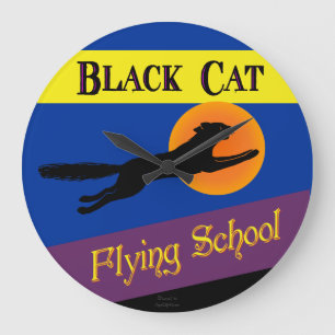 Schwarze Katze Flying School Retro-Wall-Uhr Große Wanduhr