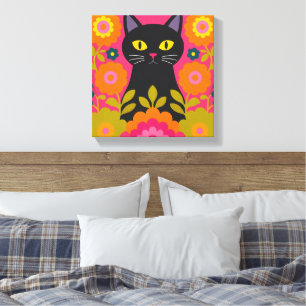 Schwarze Katze Folk Art Leinwanddruck Farbige Skan