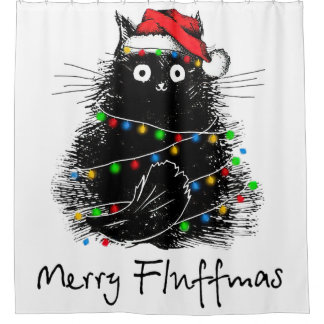 Schwarze Katze frohe Fluffmas, Weihnachtsbaum der Duschvorhang