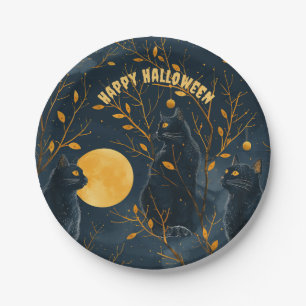 Schwarze Katze Frohe Halloween-Party Pappteller