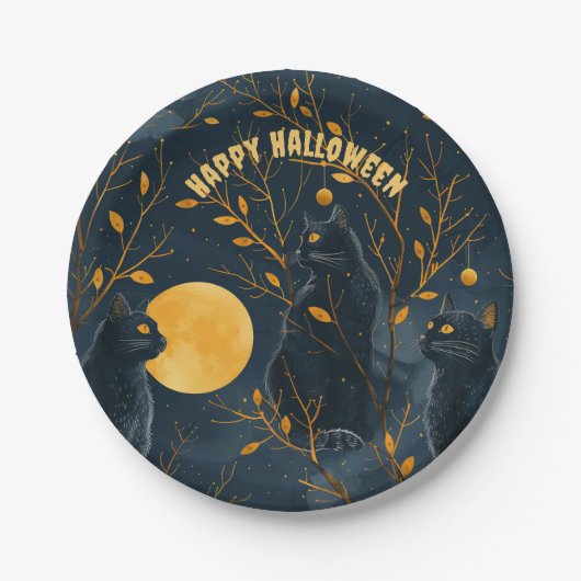 Schwarze Katze Frohe Halloween-Party Pappteller (Vorderseite)