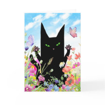 Schwarze Katze Frühling Grußkarte: Kitty und Blum