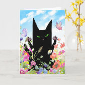 Schwarze Katze Frühling Grußkarte: Kitty und Blum Karte (Gelbe Blume)