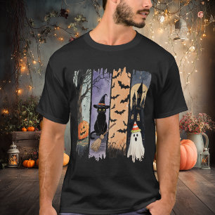 Schwarze Katze, Geist, Kürbis, Fledermäuse und Spu T-Shirt