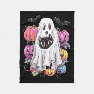 Schwarze Katze Geist mit Kürbissen Grusel Hallowee Fleecedecke