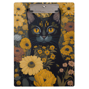 Schwarze Katze gelbe Augen Vintage Blumen #2 Klemmbrett