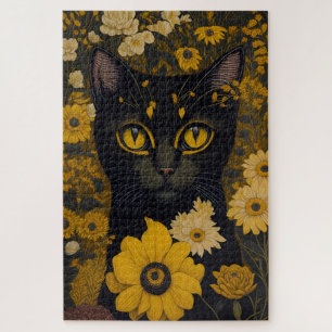 Schwarze Katze Gelbe Augen Vintage Blumen #2 Puzzle