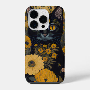 Schwarze Katze Gelbe Augen Vintage Blumen iPhone 14 Pro Hülle