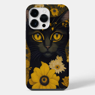 Schwarze Katze Gelbe Augen Vintage Blumen iPhone 14 Pro Max Hülle