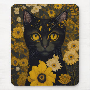 Schwarze Katze Gelbe Augen Vintage Blumen Mousepad
