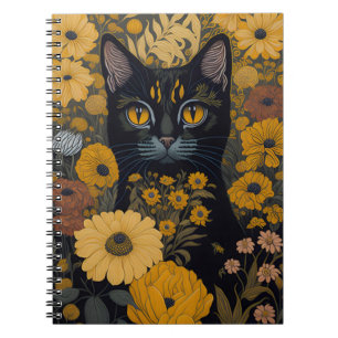 Schwarze Katze Gelbe Augen Vintage Blumen Notizblock