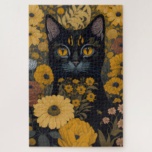 Schwarze Katze gelbe Augen Vintage Blumen Puzzle