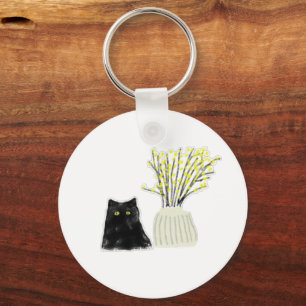 Schwarze Katze Gelbe Blumen Vasen Bleistift Kunst Schlüsselanhänger
