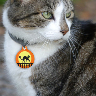 Schwarze Katze Gelber Mond Zaun Haustiermarke