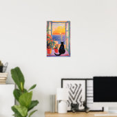 Schwarze Katze genießt den Meerblick Poster (Heimbüro)