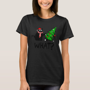 Schwarze Katze Geschenk schiebt Weihnachtsbaum übe T-Shirt