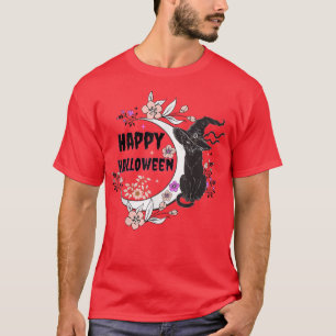 Schwarze Katze glücklich Halloween Hexe Vollmond,  T-Shirt
