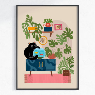 Schwarze Katze Goldfisch Spielende Katzenliebhaber Poster