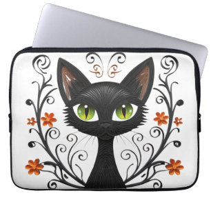 Schwarze Katze grüne Augen Filigran-Design Laptop- Laptopschutzhülle