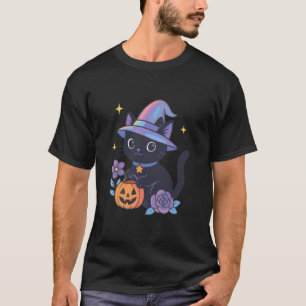 Schwarze Katze Halloween Hexe Kürbis T-Shirt