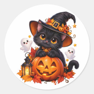 Schwarze Katze Halloween-Kürbis-Aufkleber Runder Aufkleber