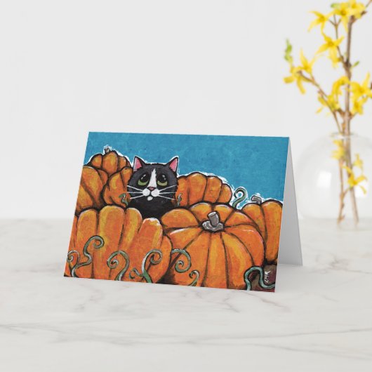 Schwarze Katze, Halloween-Kürbispflaster Karte (Gelbe Blume)