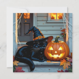 Schwarze Katze Halloween-Kürbisschnitzparty Einladung