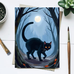 Schwarze Katze Halloween Mond Aquarell Feiertagspostkarte