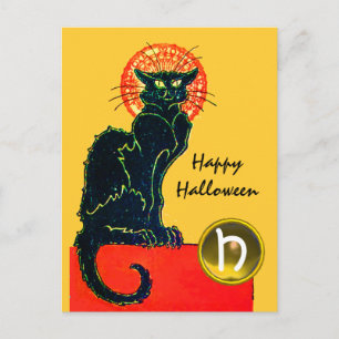 SCHWARZE KATZE HALLOWEEN-PARTY-MONOGRAMM EINLADUNGSPOSTKARTE