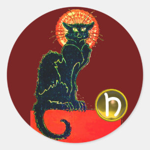SCHWARZE KATZE HALLOWEEN-PARTY-MONOGRAMM RUNDER AUFKLEBER
