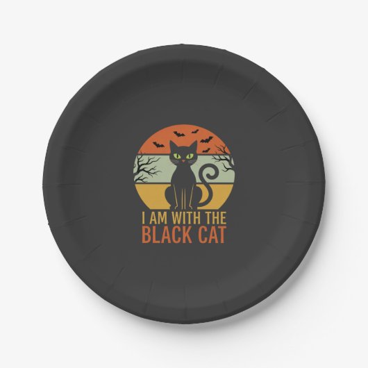 Schwarze Katze Halloween Retro-Sonnenuntergangs-De Pappteller (Vorderseite)