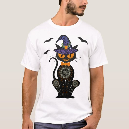 Schwarze Katze Halloween T-Shirt (Vorderseite)