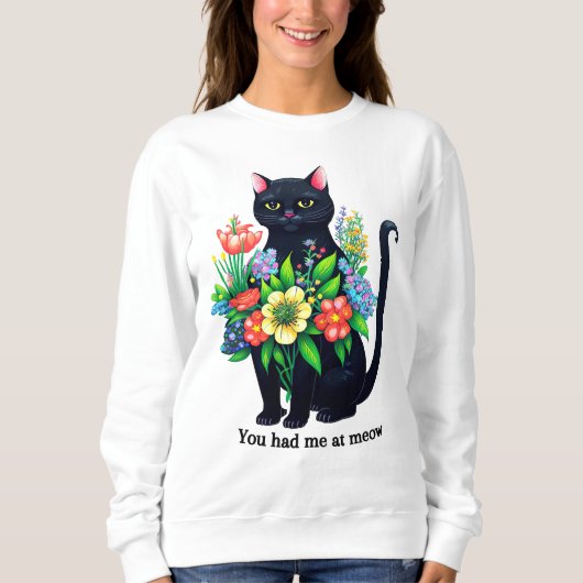 Schwarze Katze helle Blütenstimmung Sweatshirt (Vorderseite)